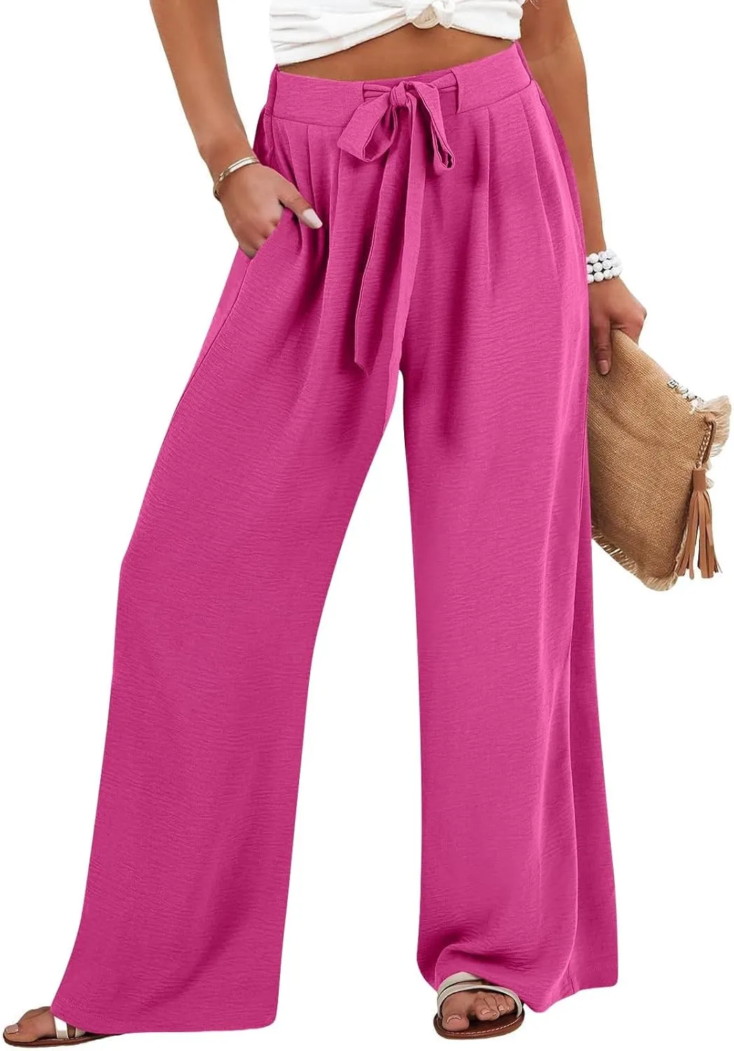 Drawstring Womens Linen Pants with Pockets Cotton Linen Palazzo Trousers for Women Ladies Wide Leg Beach Loose Pants