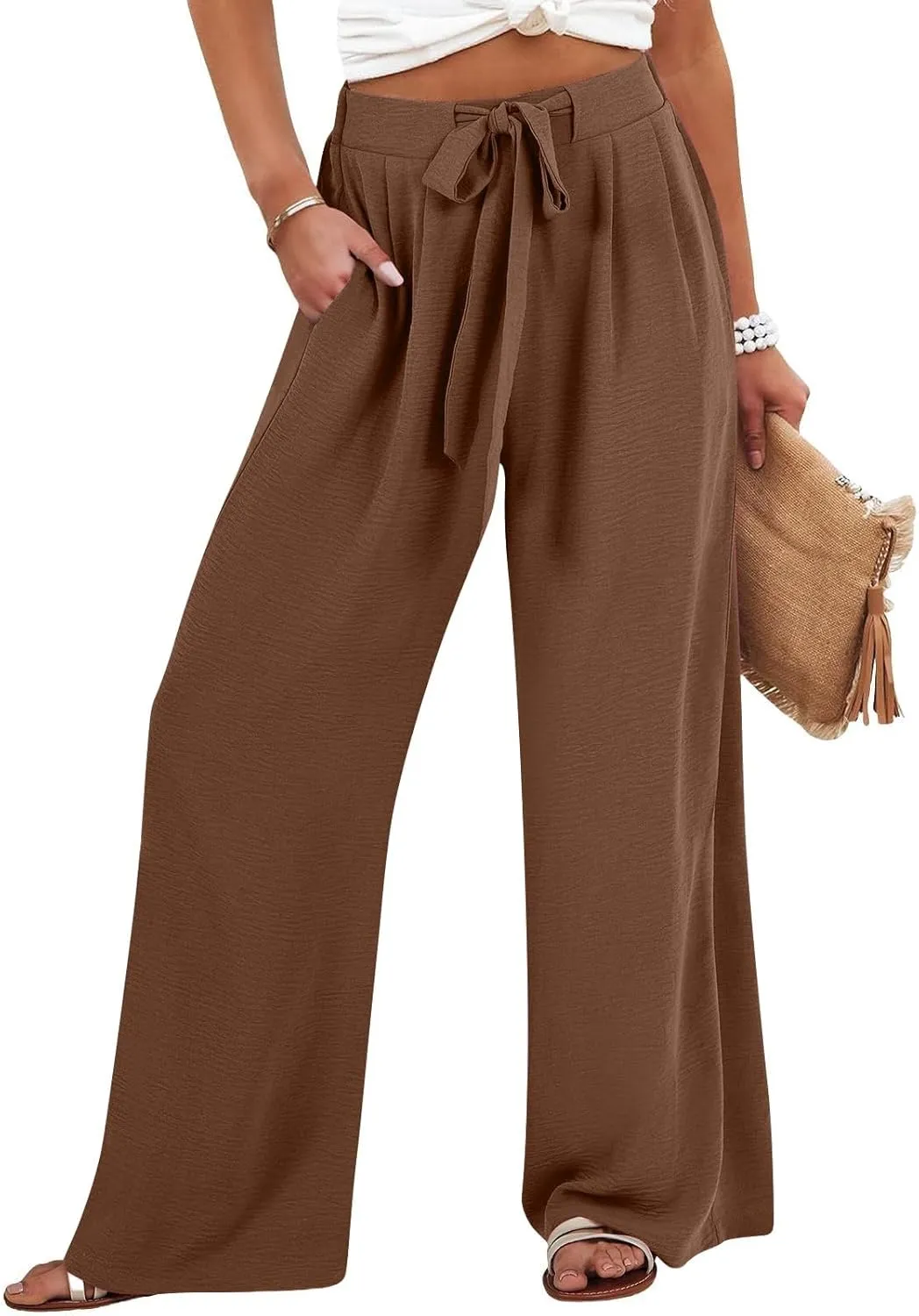 Drawstring Womens Linen Pants with Pockets Cotton Linen Palazzo Trousers for Women Ladies Wide Leg Beach Loose Pants