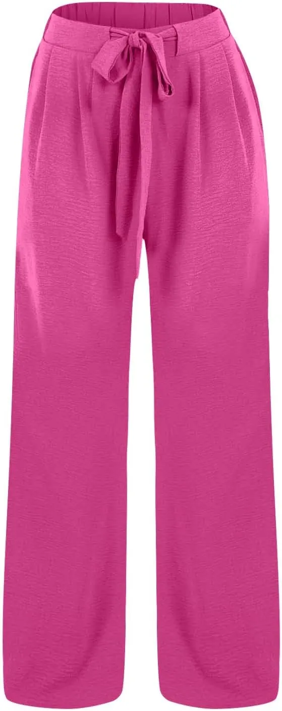 Drawstring Womens Linen Pants with Pockets Cotton Linen Palazzo Trousers for Women Ladies Wide Leg Beach Loose Pants