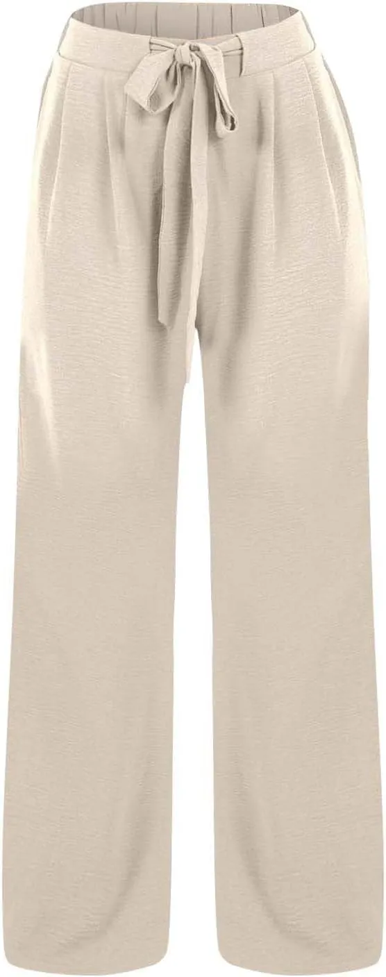 Drawstring Womens Linen Pants with Pockets Cotton Linen Palazzo Trousers for Women Ladies Wide Leg Beach Loose Pants