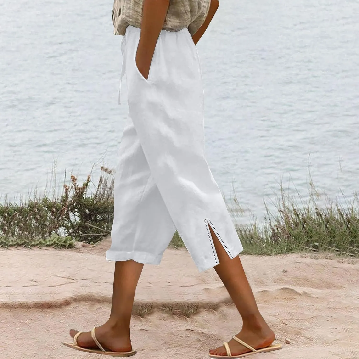 Drawstring Womens Linen Pants with Pockets Cotton Linen Palazzo Trousers for Women Ladies Wide Leg Beach Loose Pants