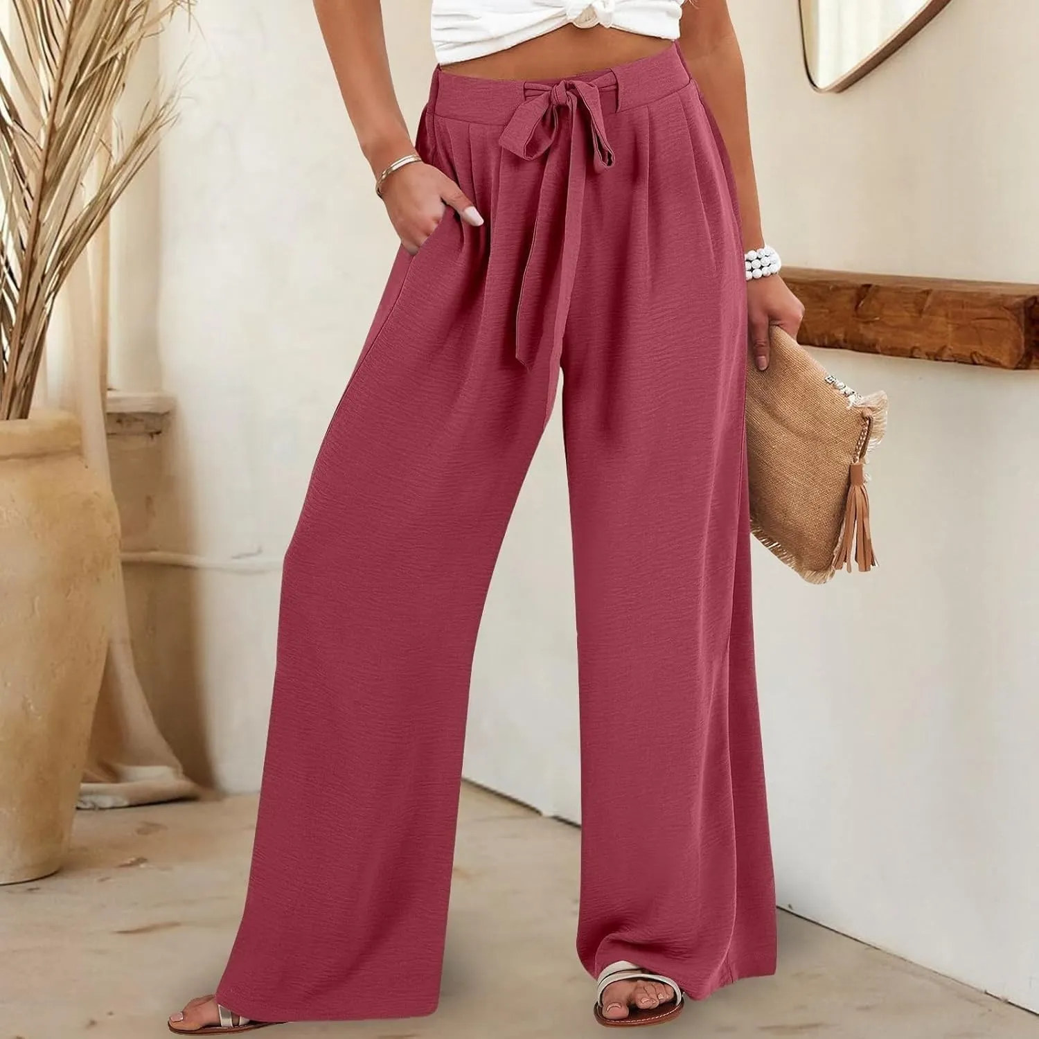 Drawstring Womens Linen Pants with Pockets Cotton Linen Palazzo Trousers for Women Ladies Wide Leg Beach Loose Pants