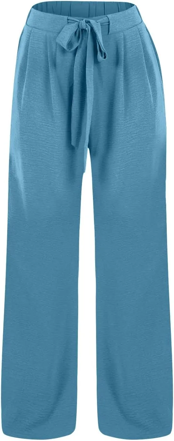 Drawstring Womens Linen Pants with Pockets Cotton Linen Palazzo Trousers for Women Ladies Wide Leg Beach Loose Pants