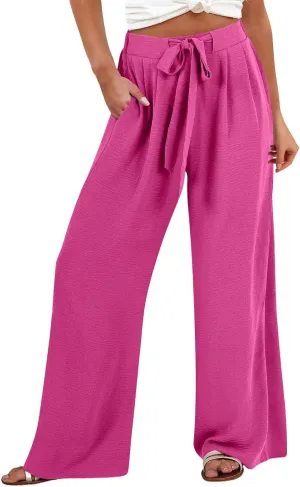 Drawstring Womens Linen Pants with Pockets Cotton Linen Palazzo Trousers for Women Ladies Wide Leg Beach Loose Pants