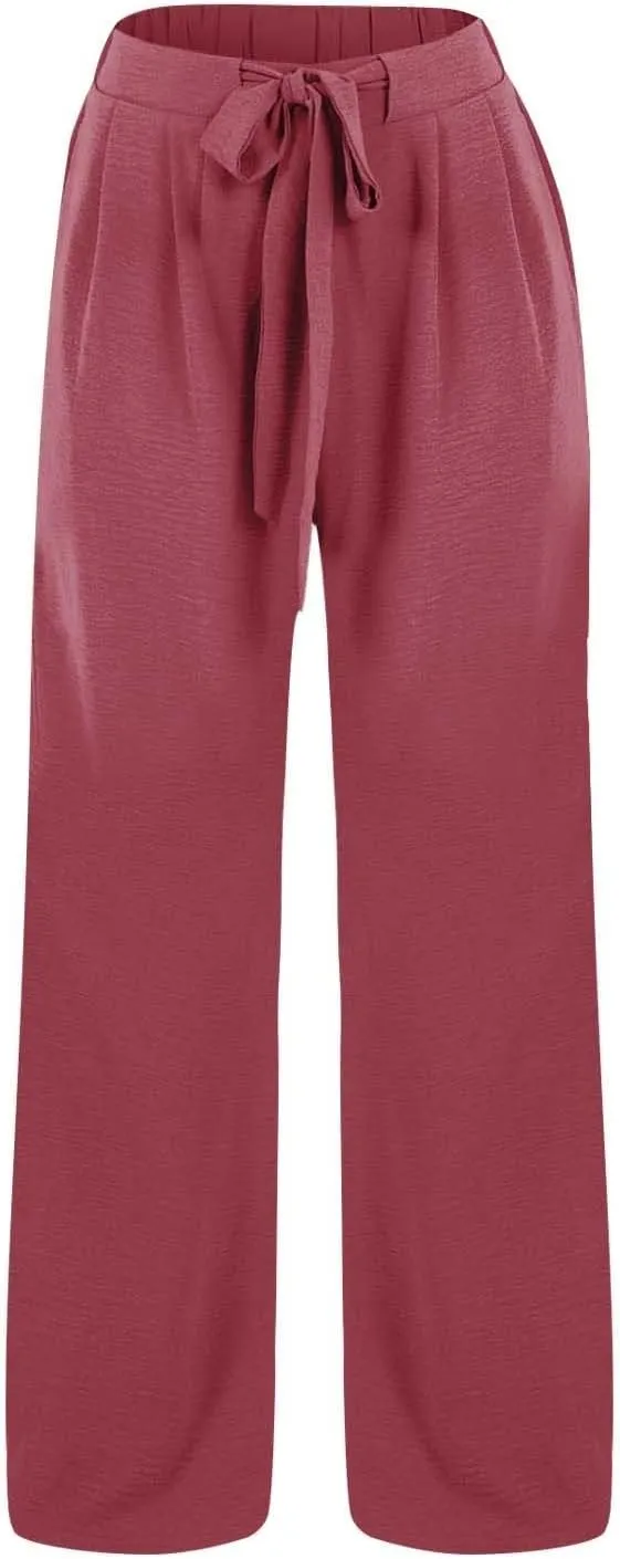 Drawstring Womens Linen Pants with Pockets Cotton Linen Palazzo Trousers for Women Ladies Wide Leg Beach Loose Pants
