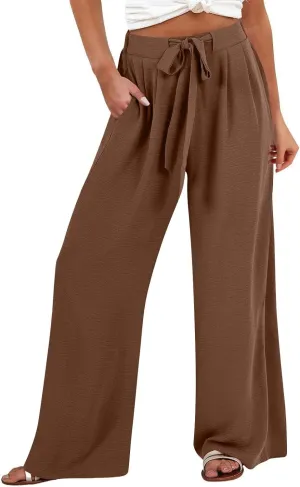 Drawstring Womens Linen Pants with Pockets Cotton Linen Palazzo Trousers for Women Ladies Wide Leg Beach Loose Pants