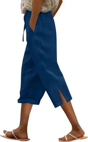 Drawstring Womens Linen Pants with Pockets Cotton Linen Palazzo Trousers for Women Ladies Wide Leg Beach Loose Pants