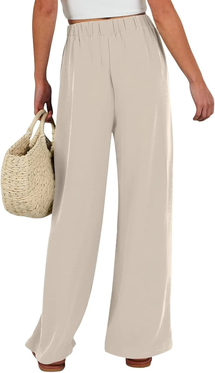 Drawstring Womens Linen Pants with Pockets Cotton Linen Palazzo Trousers for Women Ladies Wide Leg Beach Loose Pants
