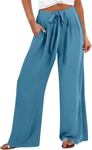 Drawstring Womens Linen Pants with Pockets Cotton Linen Palazzo Trousers for Women Ladies Wide Leg Beach Loose Pants