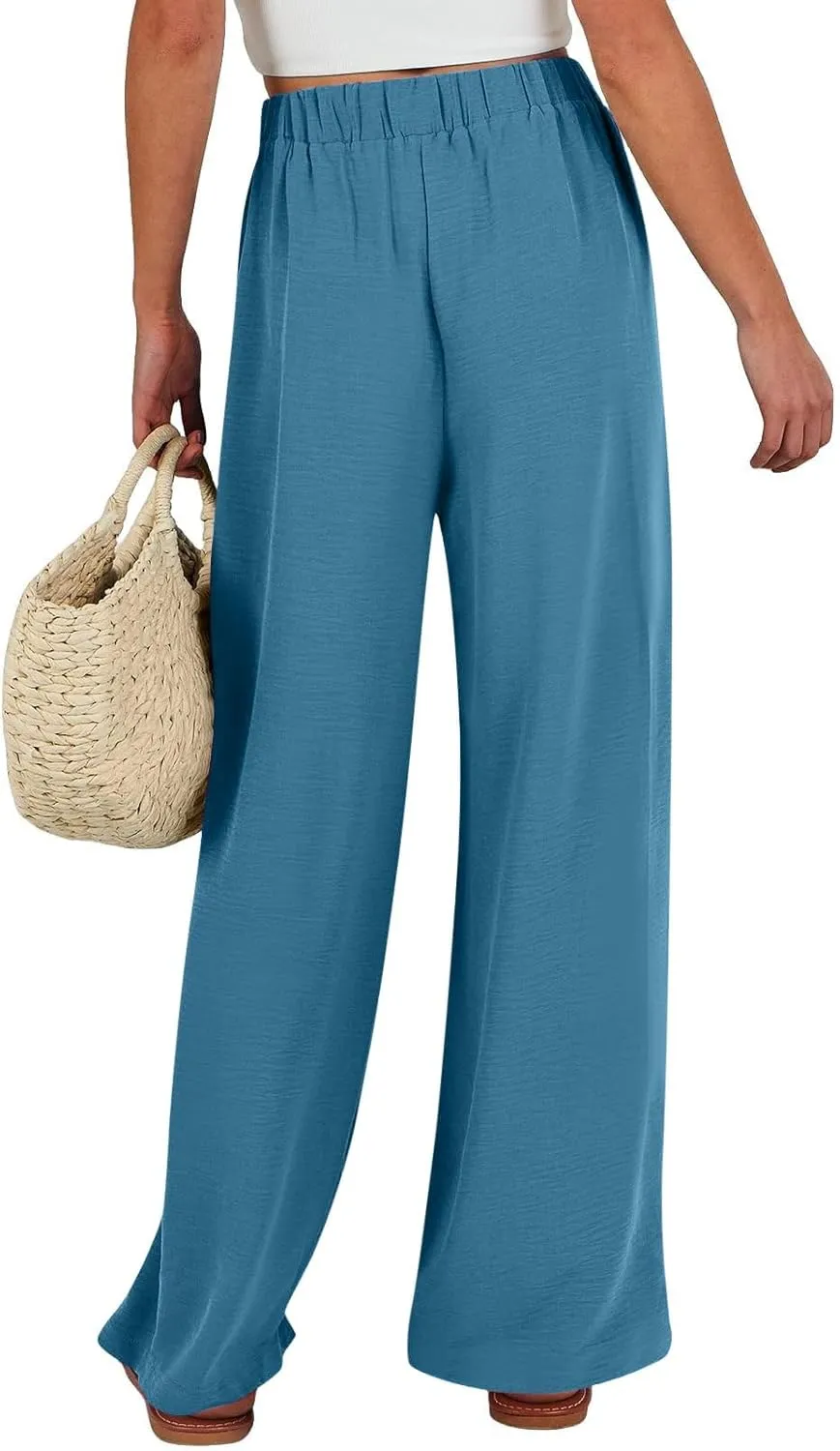 Drawstring Womens Linen Pants with Pockets Cotton Linen Palazzo Trousers for Women Ladies Wide Leg Beach Loose Pants