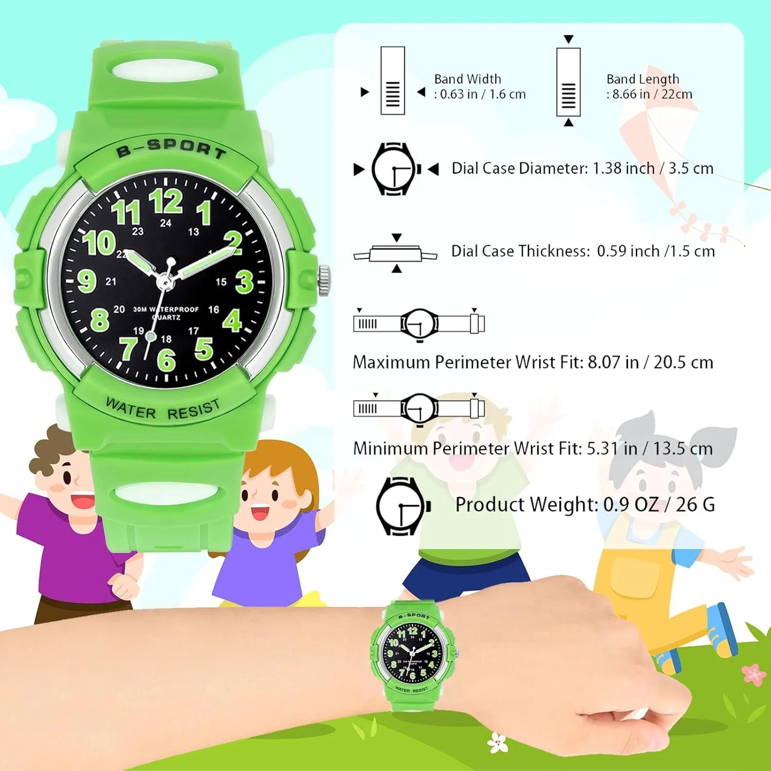 DTKID 7 Colorful Lights Children's Watch Boys Girls, Kids 30 M Waterproof Analog Watches Soft Rubber Band, Easy to Read Dial Time Lessons Wristwatch Children 5-18 Years Old