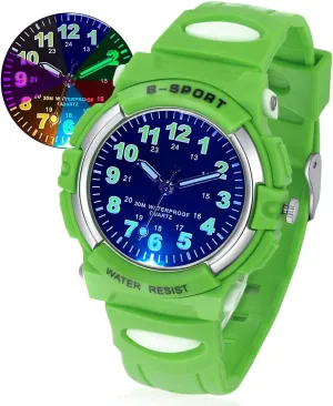 DTKID 7 Colorful Lights Children's Watch Boys Girls, Kids 30 M Waterproof Analog Watches Soft Rubber Band, Easy to Read Dial Time Lessons Wristwatch Children 5-18 Years Old