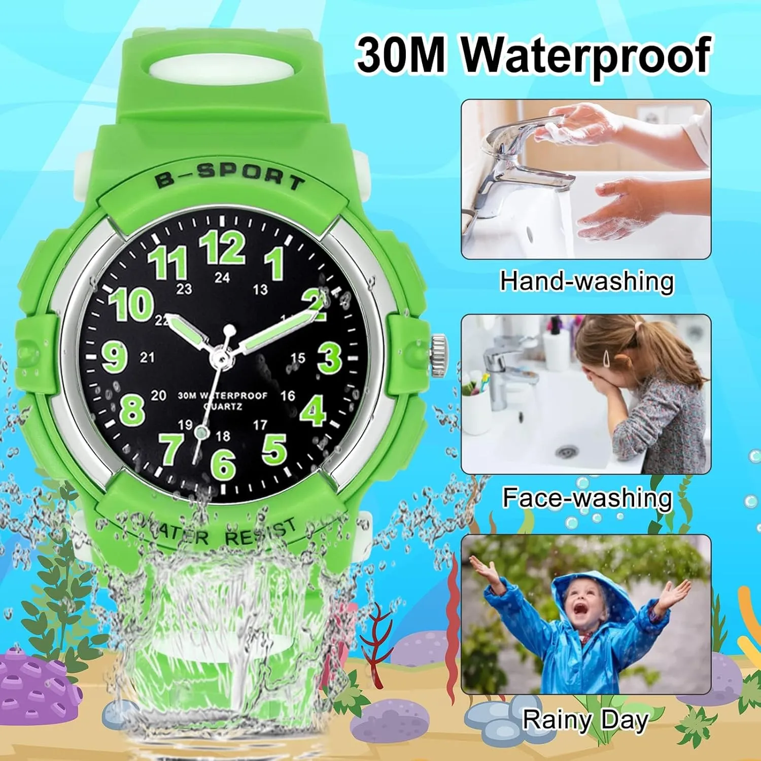 DTKID 7 Colorful Lights Children's Watch Boys Girls, Kids 30 M Waterproof Analog Watches Soft Rubber Band, Easy to Read Dial Time Lessons Wristwatch Children 5-18 Years Old