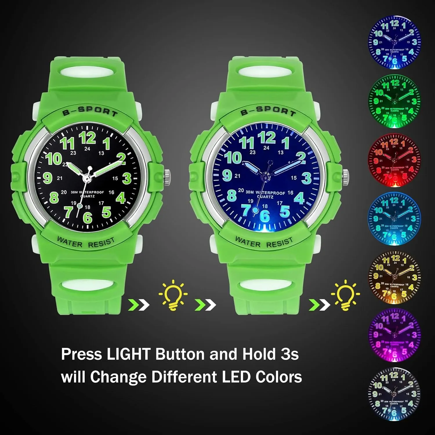DTKID 7 Colorful Lights Children's Watch Boys Girls, Kids 30 M Waterproof Analog Watches Soft Rubber Band, Easy to Read Dial Time Lessons Wristwatch Children 5-18 Years Old