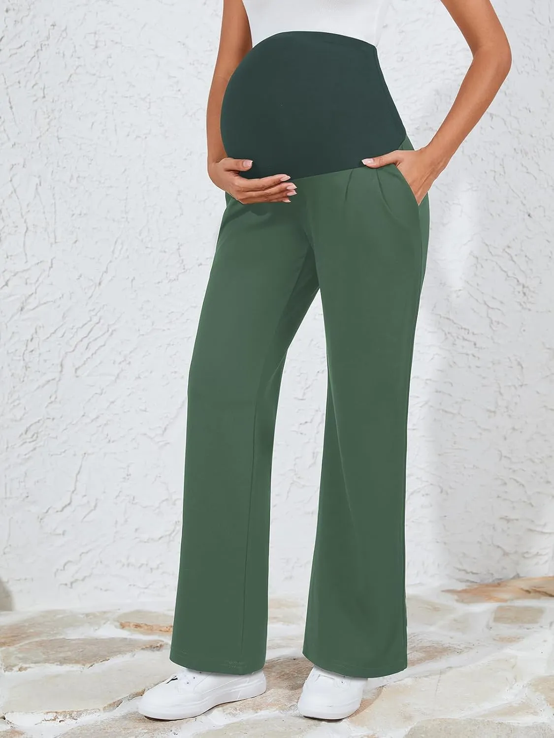 Ecavus Women's Wide Leg Maternity Pants with Pockets - Stretchy Over The Belly Pregnancy Casual and Work Trousers