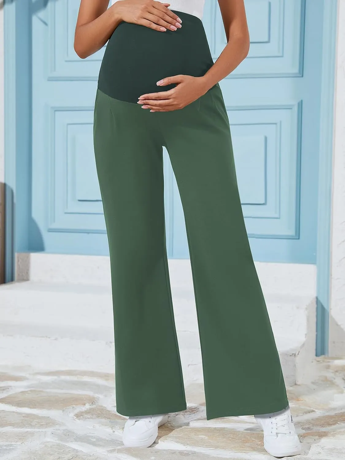 Ecavus Women's Wide Leg Maternity Pants with Pockets - Stretchy Over The Belly Pregnancy Casual and Work Trousers