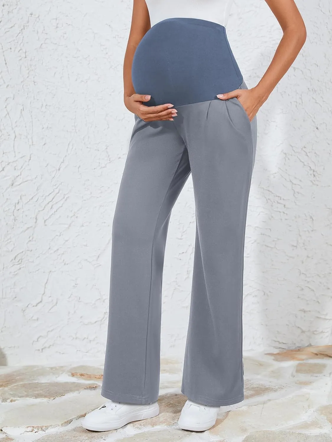 Ecavus Women's Wide Leg Maternity Pants with Pockets - Stretchy Over The Belly Pregnancy Casual and Work Trousers
