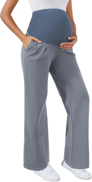 Ecavus Women's Wide Leg Maternity Pants with Pockets - Stretchy Over The Belly Pregnancy Casual and Work Trousers