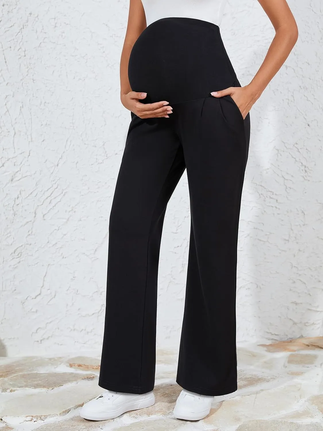 Ecavus Women's Wide Leg Maternity Pants with Pockets - Stretchy Over The Belly Pregnancy Casual and Work Trousers
