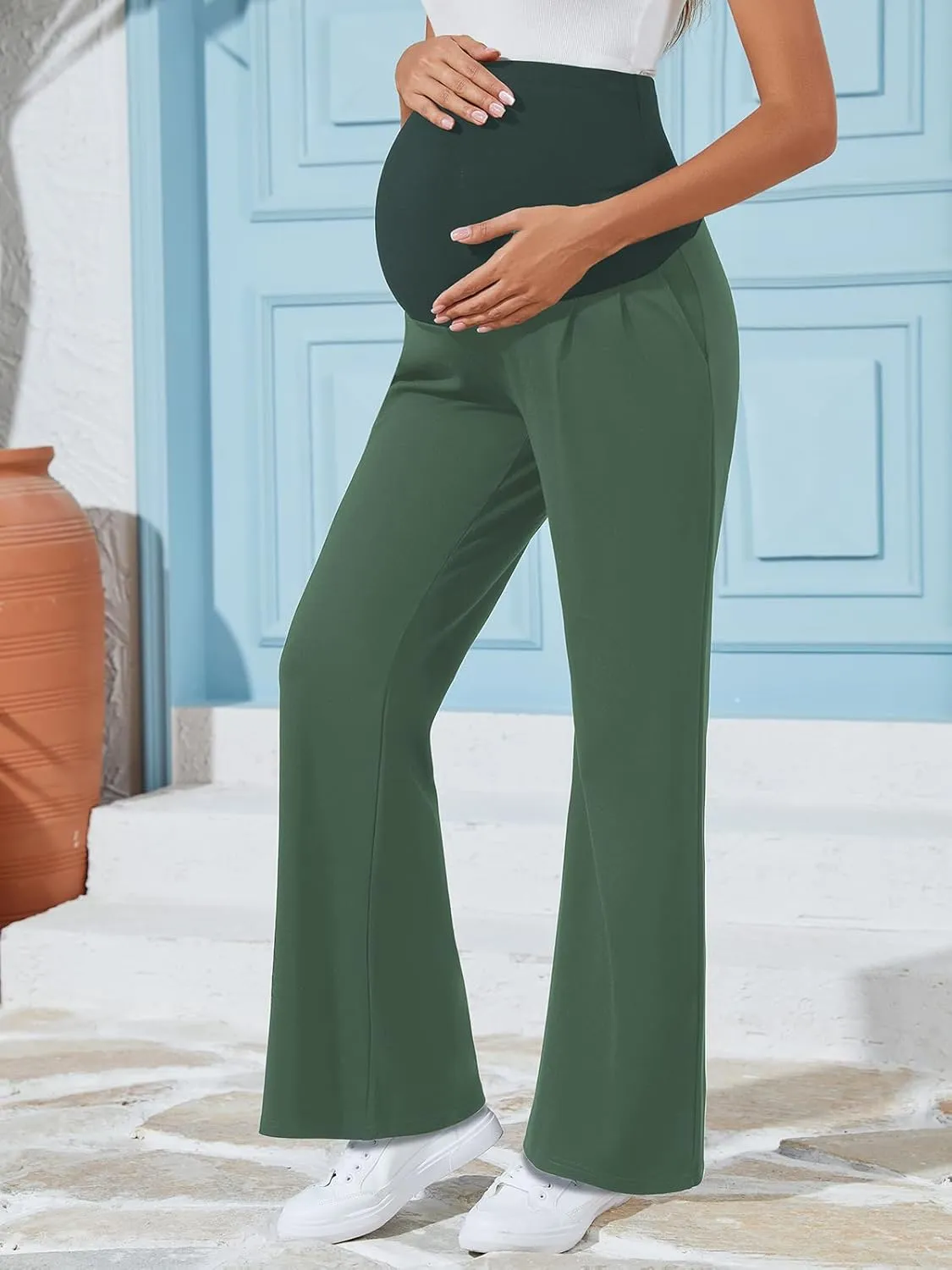 Ecavus Women's Wide Leg Maternity Pants with Pockets - Stretchy Over The Belly Pregnancy Casual and Work Trousers