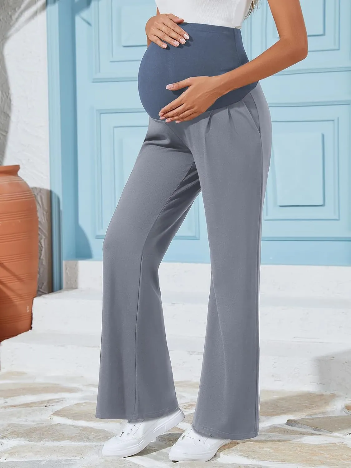 Ecavus Women's Wide Leg Maternity Pants with Pockets - Stretchy Over The Belly Pregnancy Casual and Work Trousers