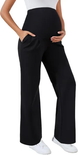 Ecavus Women's Wide Leg Maternity Pants with Pockets - Stretchy Over The Belly Pregnancy Casual and Work Trousers