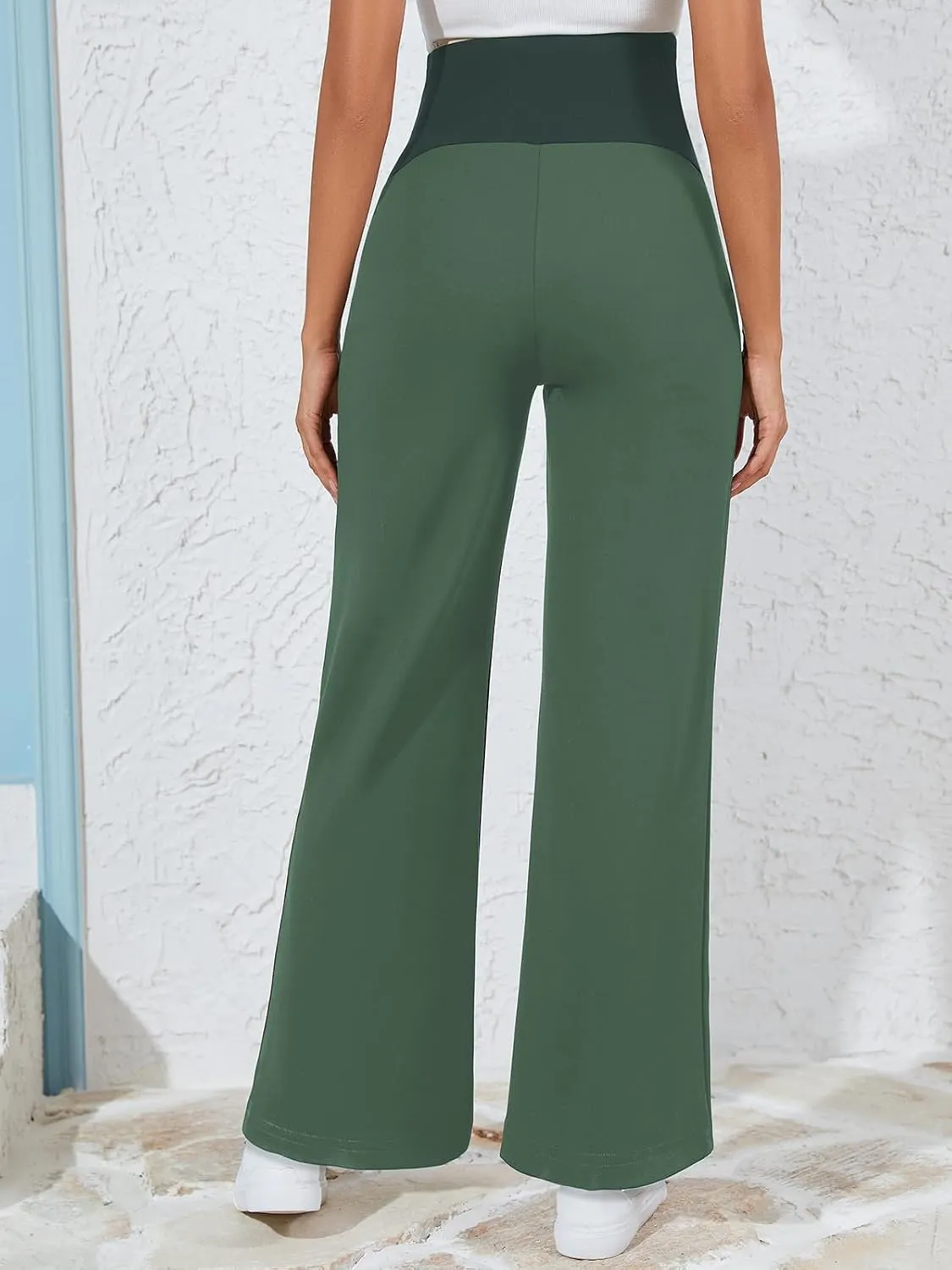 Ecavus Women's Wide Leg Maternity Pants with Pockets - Stretchy Over The Belly Pregnancy Casual and Work Trousers