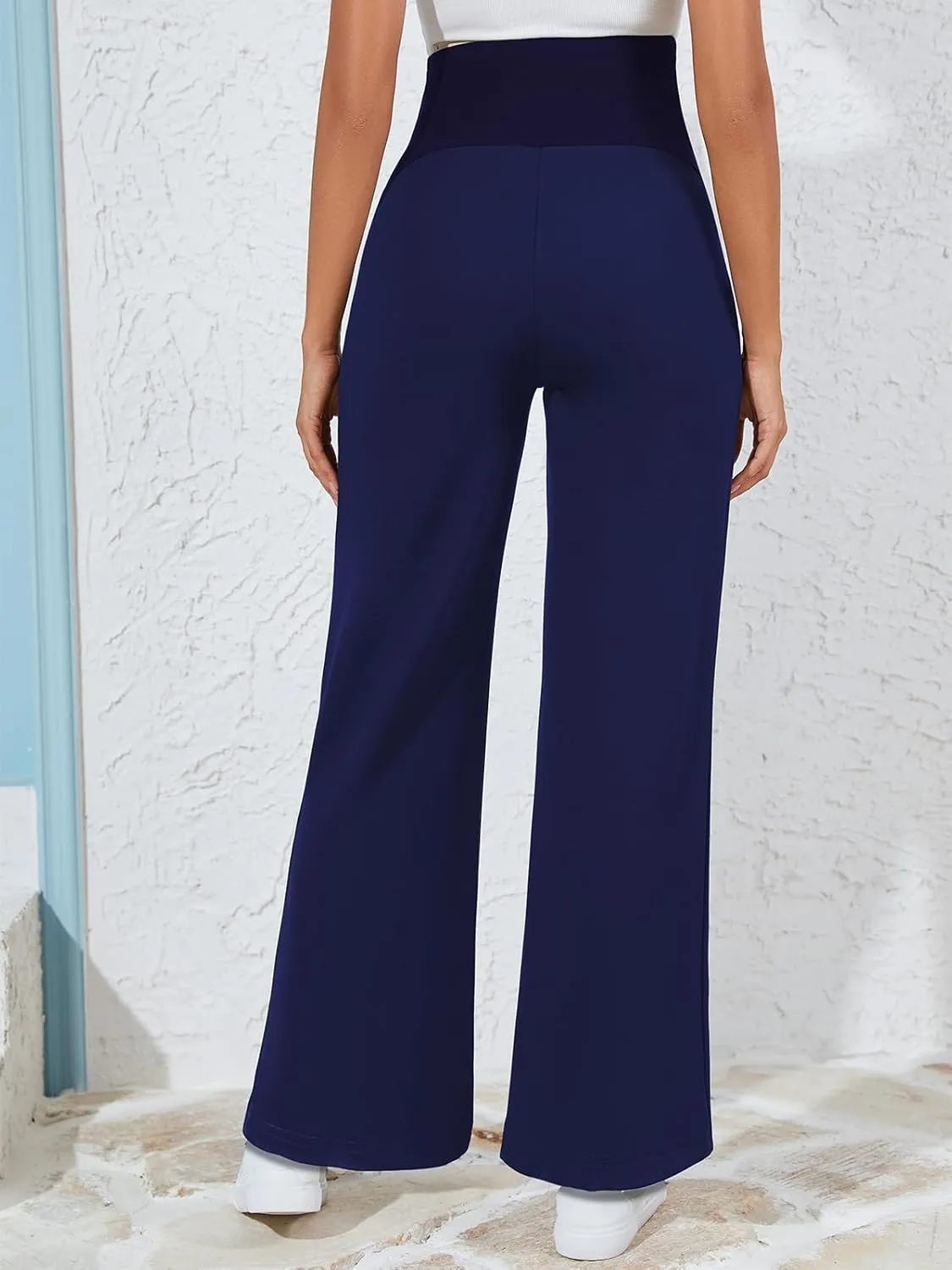 Ecavus Women's Wide Leg Maternity Pants with Pockets - Stretchy Over The Belly Pregnancy Casual and Work Trousers