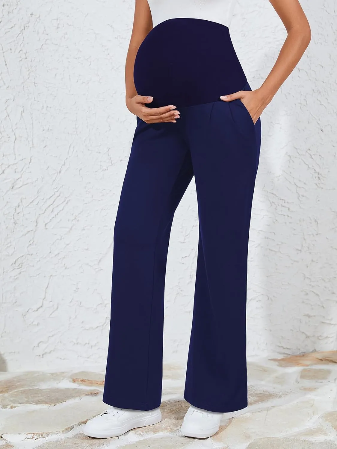 Ecavus Women's Wide Leg Maternity Pants with Pockets - Stretchy Over The Belly Pregnancy Casual and Work Trousers