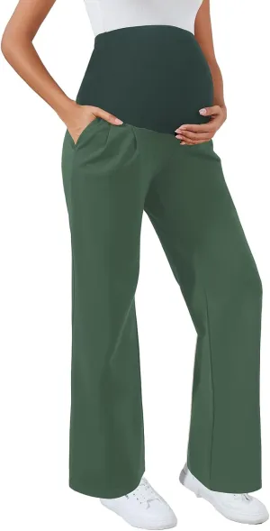 Ecavus Women's Wide Leg Maternity Pants with Pockets - Stretchy Over The Belly Pregnancy Casual and Work Trousers
