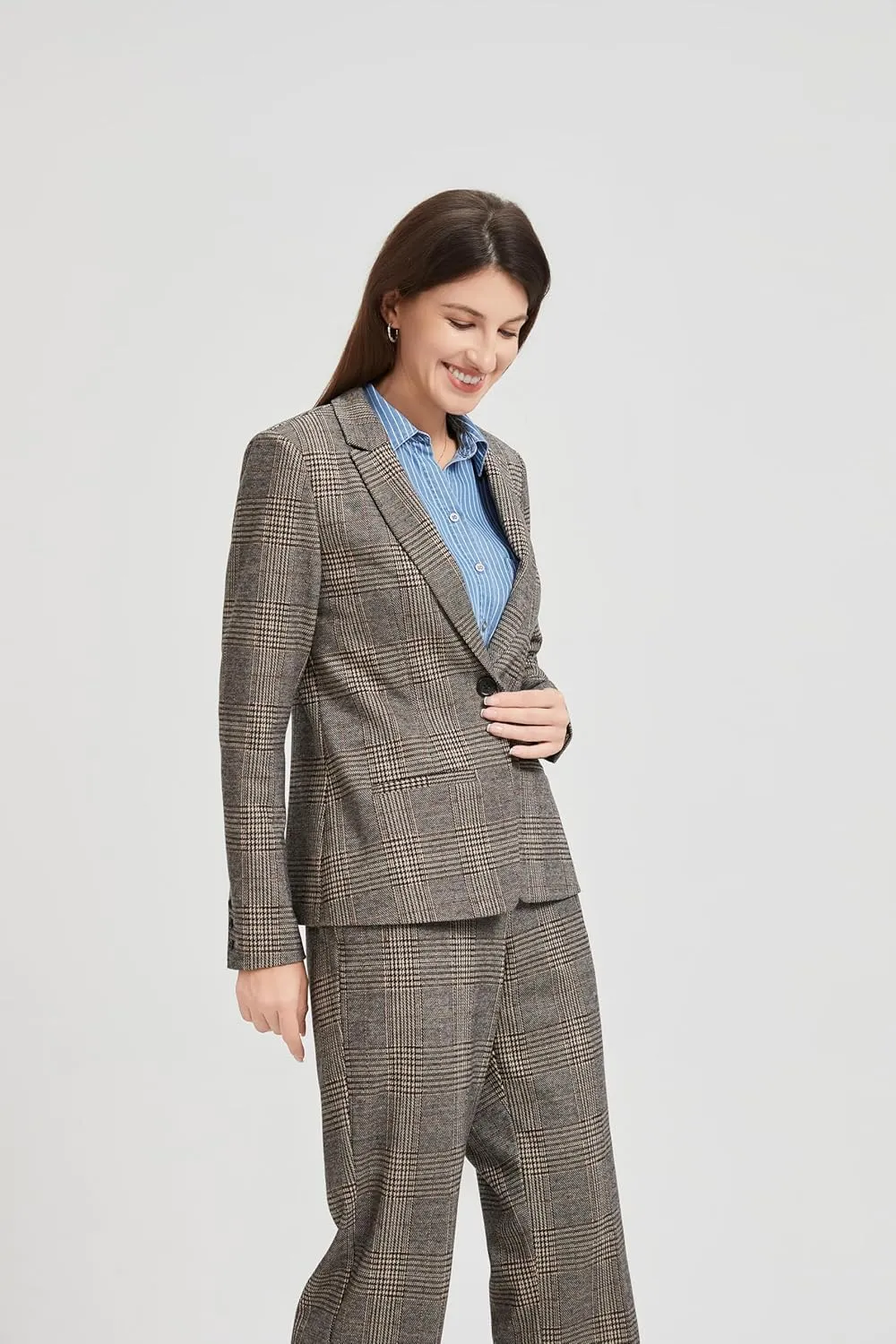 Elegant Checkered Lapel Office Blazer for Women - Business Formal & Professional Workwear