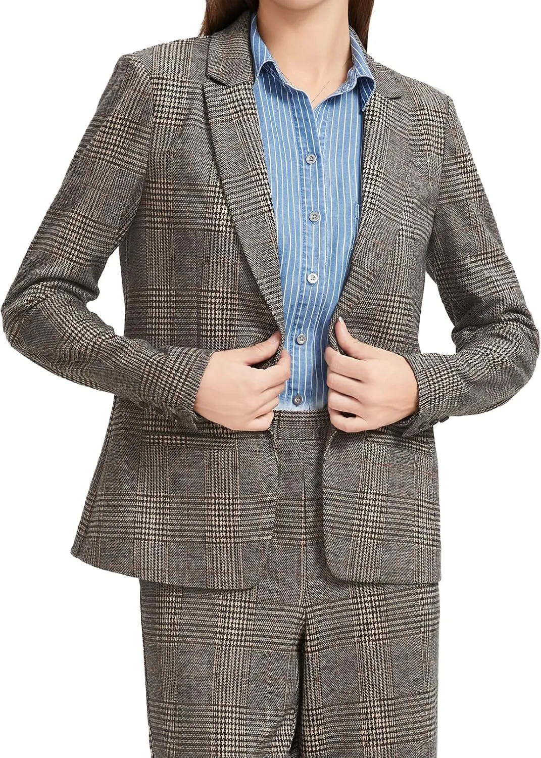 Elegant Checkered Lapel Office Blazer for Women - Business Formal & Professional Workwear