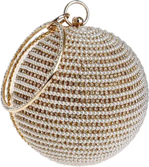 Evening Handbag for Women Round Ball Clutch Purse Beaded Pearl Clutch Bag Rhinestones Shoulder Bag
