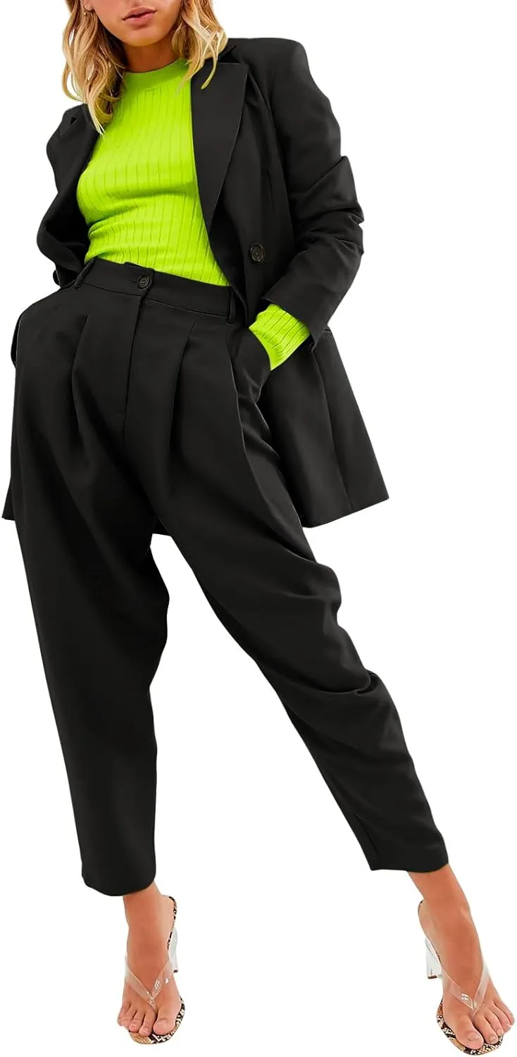 EXLURA Women's Business Blazer and High Elastic Waist Pant Suit Set Loose Fit Casual Fall Winter 2 Piece Suits for Work