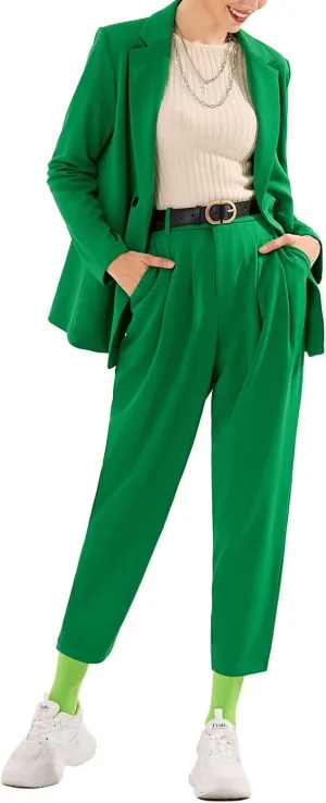 EXLURA Women's Business Blazer and High Elastic Waist Pant Suit Set Loose Fit Casual Fall Winter 2 Piece Suits for Work