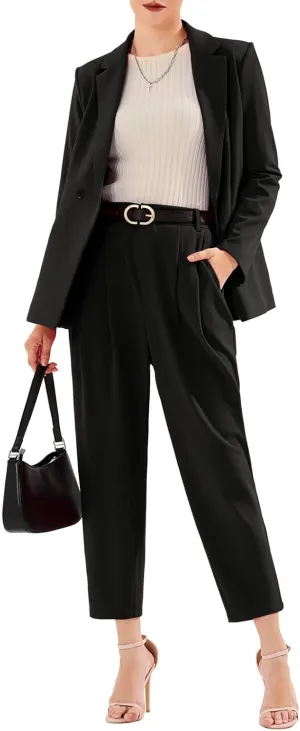 EXLURA Women's Business Blazer and High Elastic Waist Pant Suit Set Loose Fit Casual Fall Winter 2 Piece Suits for Work