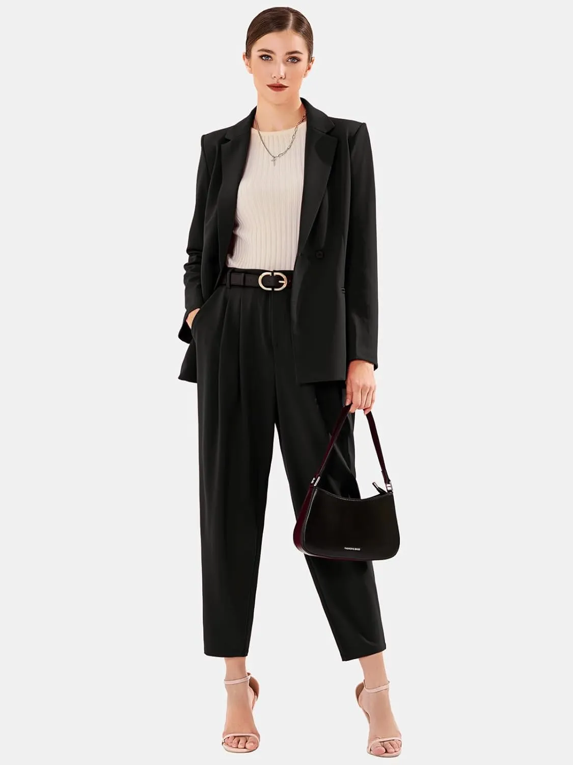 EXLURA Women's Business Blazer and High Elastic Waist Pant Suit Set Loose Fit Casual Fall Winter 2 Piece Suits for Work