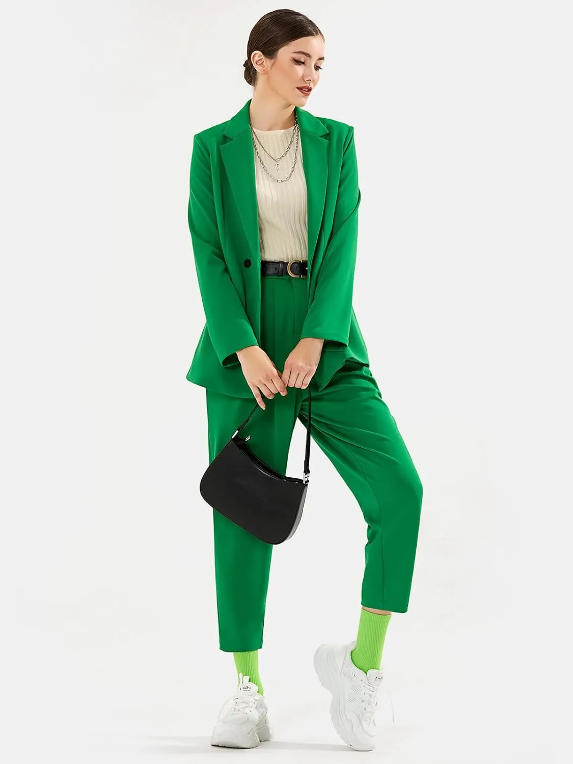 EXLURA Women's Business Blazer and High Elastic Waist Pant Suit Set Loose Fit Casual Fall Winter 2 Piece Suits for Work