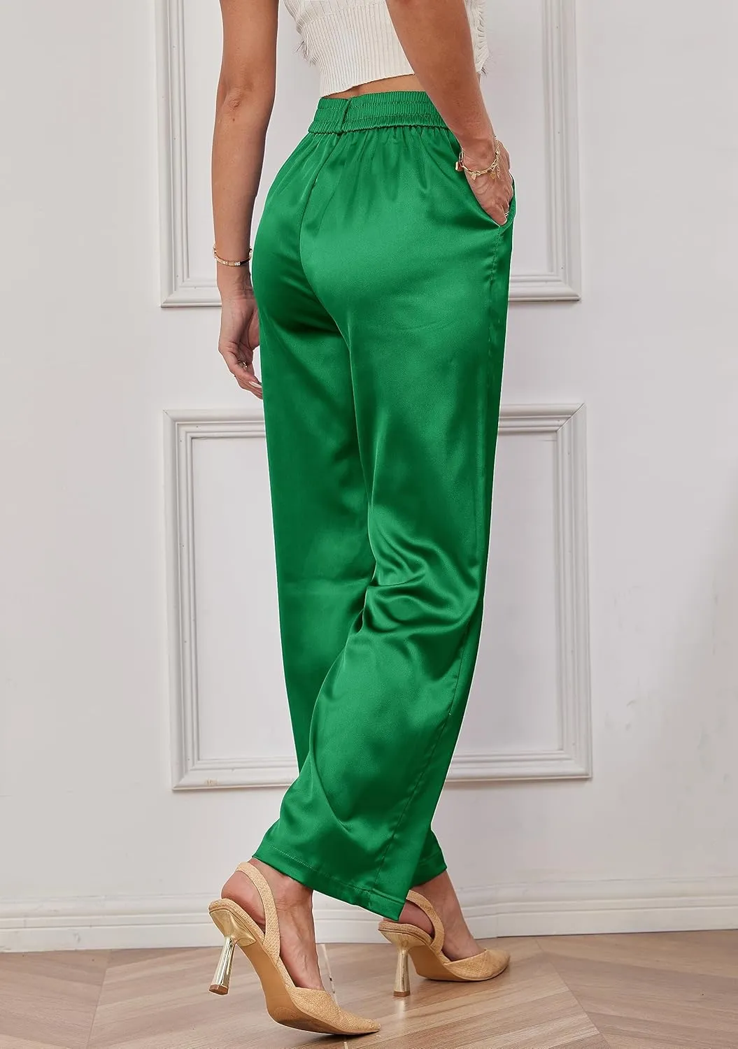 Fakanhui Women's Satin Wide Leg Pant Party Dress Casual Sparkle High Waisted Long Pants Clubwear