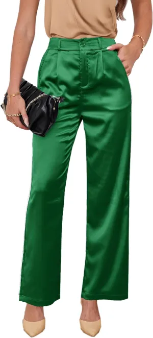 Fakanhui Women's Satin Wide Leg Pant Party Dress Casual Sparkle High Waisted Long Pants Clubwear