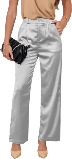 Fakanhui Women's Satin Wide Leg Pant Party Dress Casual Sparkle High Waisted Long Pants Clubwear