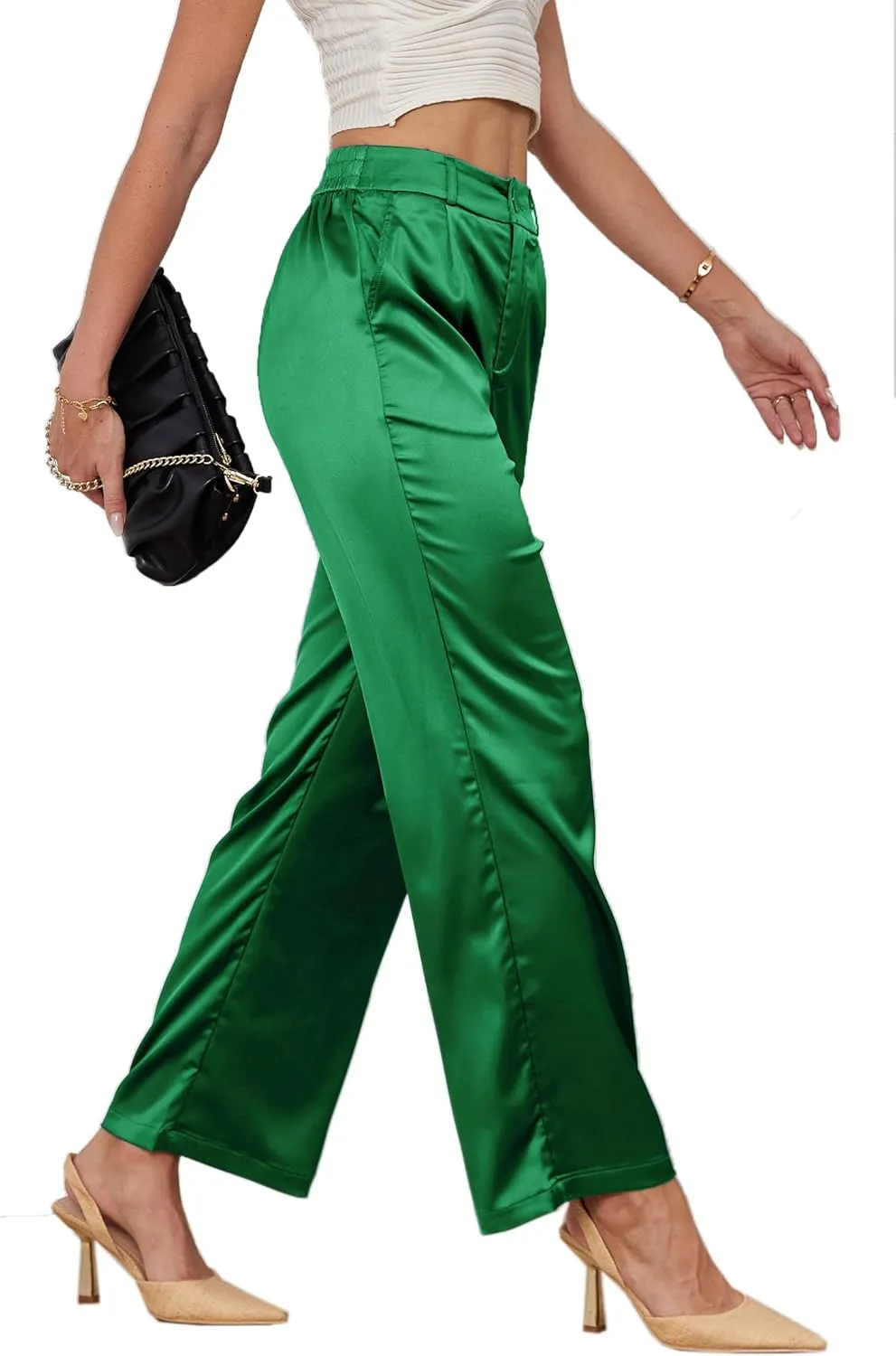 Fakanhui Women's Satin Wide Leg Pant Party Dress Casual Sparkle High Waisted Long Pants Clubwear