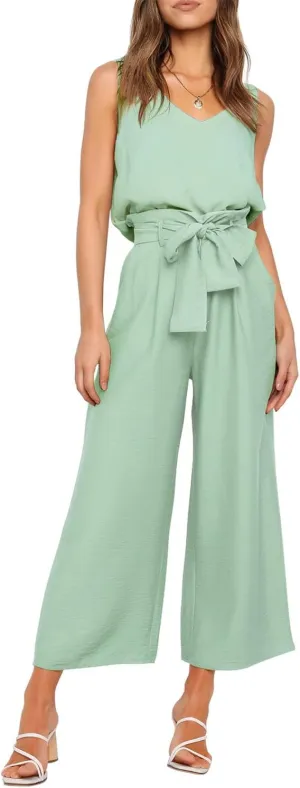FANCYINN Womens 2 Piece Set V Neck Tank Wide Strap Tops High Waisted Cropped Paper Bag Pants with Belt