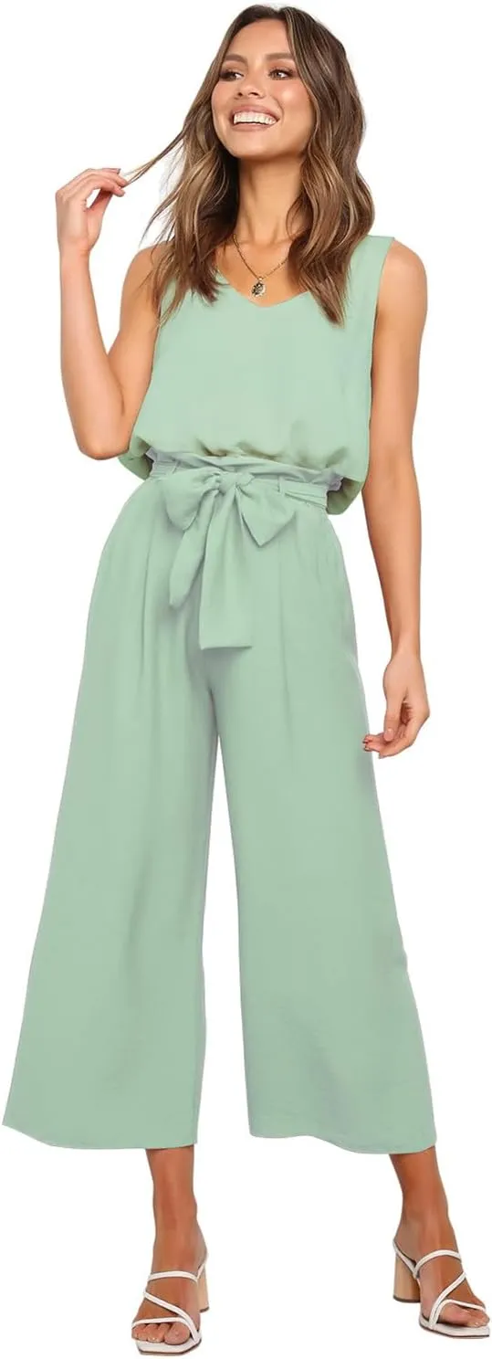 FANCYINN Womens 2 Piece Set V Neck Tank Wide Strap Tops High Waisted Cropped Paper Bag Pants with Belt