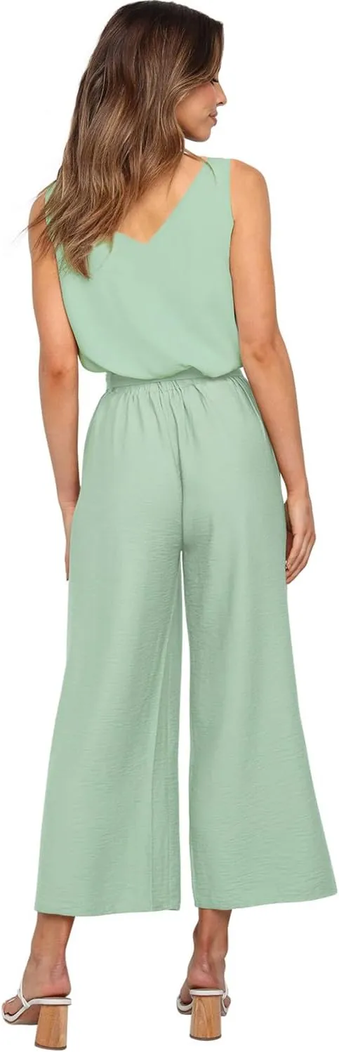 FANCYINN Womens 2 Piece Set V Neck Tank Wide Strap Tops High Waisted Cropped Paper Bag Pants with Belt