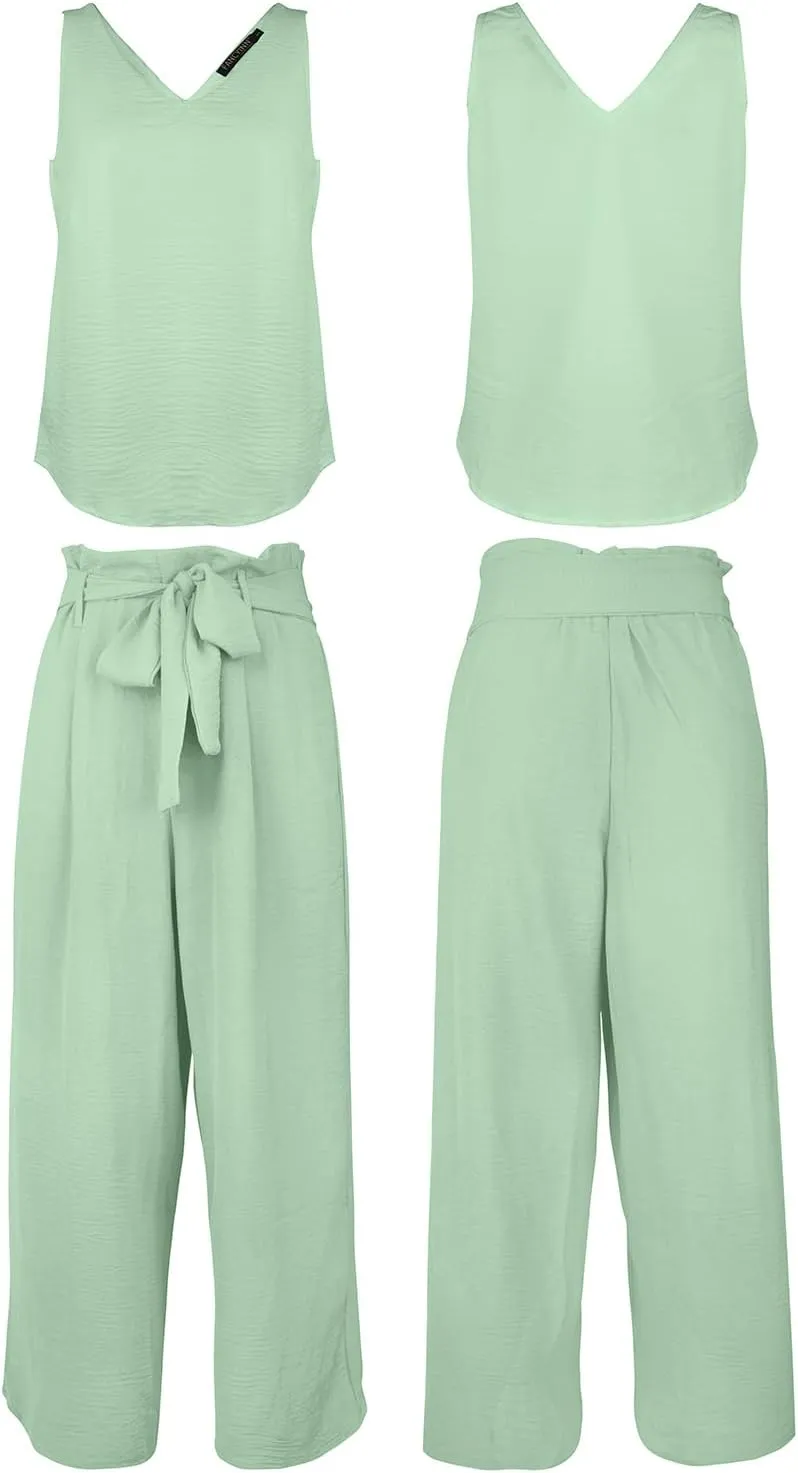FANCYINN Womens 2 Piece Set V Neck Tank Wide Strap Tops High Waisted Cropped Paper Bag Pants with Belt