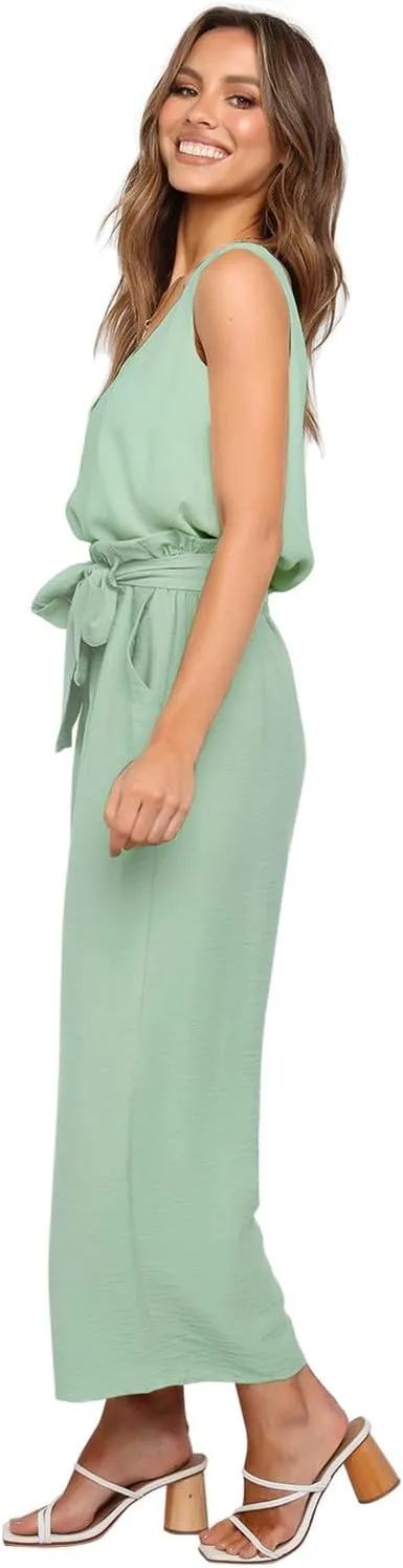 FANCYINN Womens 2 Piece Set V Neck Tank Wide Strap Tops High Waisted Cropped Paper Bag Pants with Belt