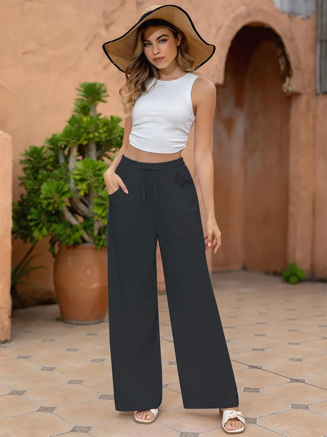 Fancysters Women Wide Leg Linen Pants, High Waisted Summer Casual Cotton Linen Palazzo Pants with Pockets