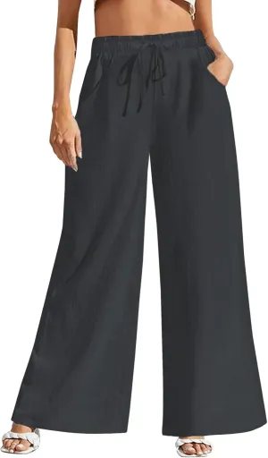 Fancysters Women Wide Leg Linen Pants, High Waisted Summer Casual Cotton Linen Palazzo Pants with Pockets