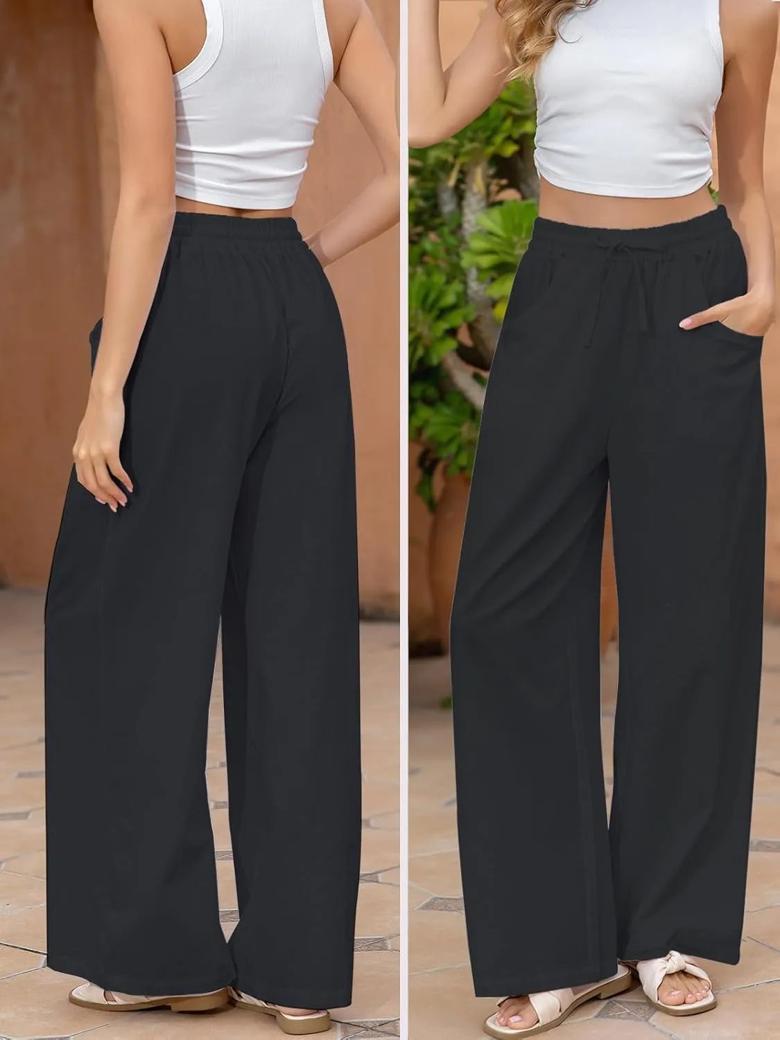 Fancysters Women Wide Leg Linen Pants, High Waisted Summer Casual Cotton Linen Palazzo Pants with Pockets